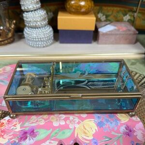 Vintage Brass Etched Glass Jewelry / Trinket Box Music Box